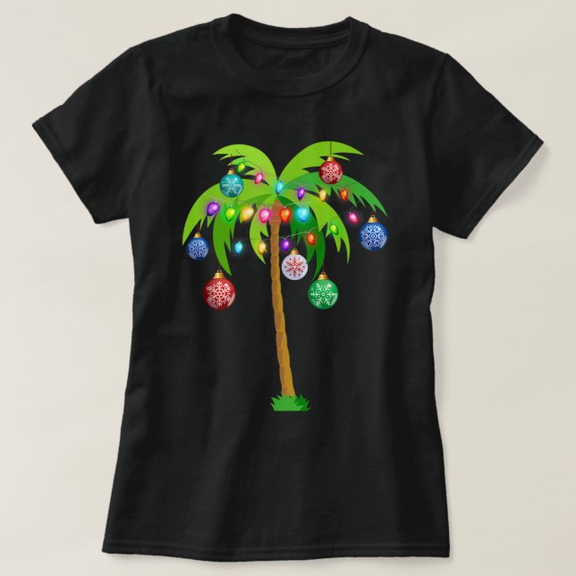 Christmas Lights Palm Tree Funny Hawaii Beach Trop T-Shirt (Design Front)