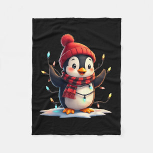 Christmas Lights Penguin Wearing Xmas Hat Penguin  Fleece Blanket