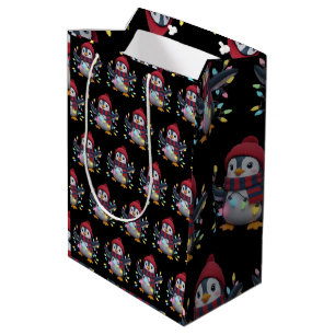 Christmas Lights Penguin Wearing Xmas Hat Penguins Medium Gift Bag