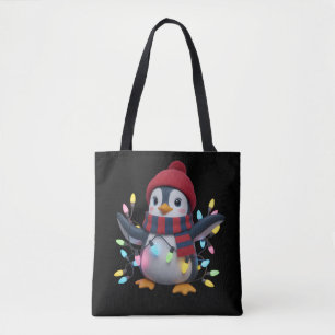 Christmas Lights Penguin Wearing Xmas Hat Penguins Tote Bag