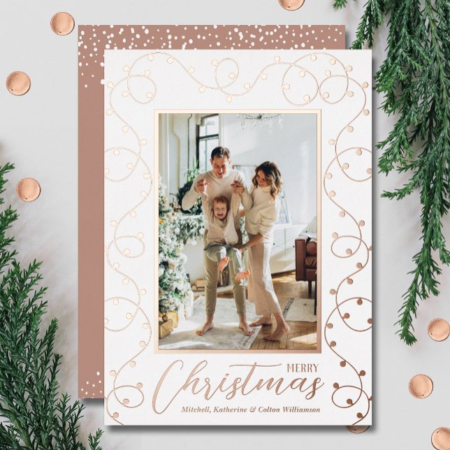 Christmas Lights Photo (Rose gold foil Christmas lights photo holiday cards)