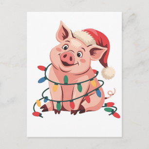 Christmas Lights Pig Wearing Xmas Hat - Pig Lover Announcement Postcard