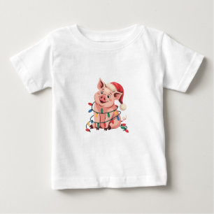Christmas Lights Pig Wearing Xmas Hat - Pig Lover Baby T-Shirt