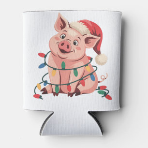 Christmas Lights Pig Wearing Xmas Hat - Pig Lover Can Cooler