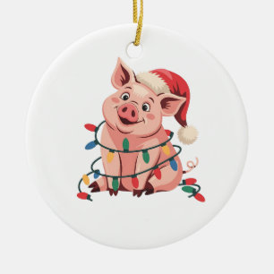 Christmas Lights Pig Wearing Xmas Hat - Pig Lover Ceramic Tree Decoration