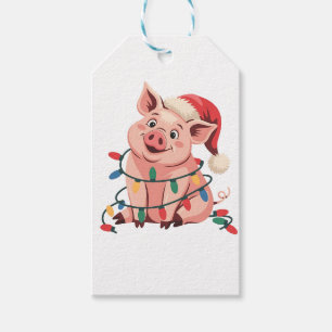 Christmas Lights Pig Wearing Xmas Hat - Pig Lover Gift Tags