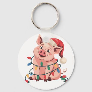Christmas Lights Pig Wearing Xmas Hat - Pig Lover Key Ring