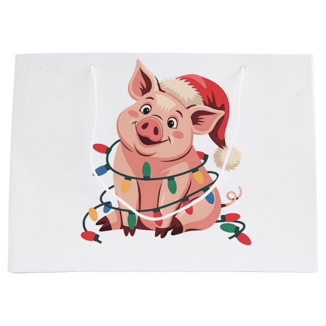 Christmas Lights Pig Wearing Xmas Hat - Pig Lover Large Gift Bag (Front)