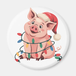 Christmas Lights Pig Wearing Xmas Hat - Pig Lover Magnet