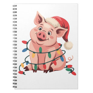 Christmas Lights Pig Wearing Xmas Hat - Pig Lover Notebook