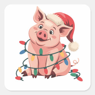 Christmas Lights Pig Wearing Xmas Hat - Pig Lover Square Sticker