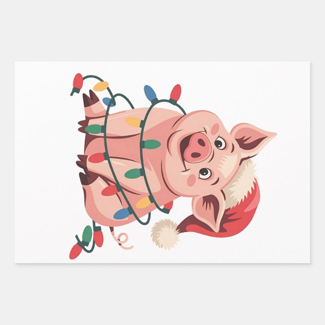 Christmas Lights Pig Wearing Xmas Hat - Pig Lover Wrapping Paper Sheet (Front)