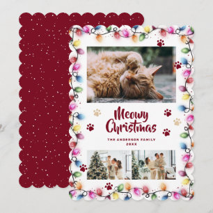 Christmas Lights Red Photo Meowy Holiday Card
