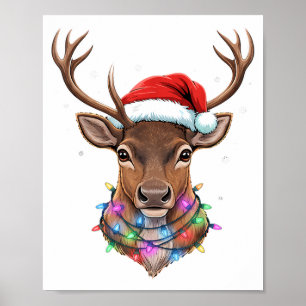 Christmas Lights Reindeer Santa Hat Cute Xmas Paja Poster