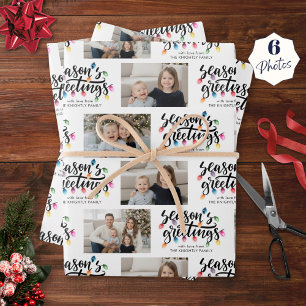 Christmas Lights Seasons Greetings 6 Photos Name Wrapping Paper Sheet