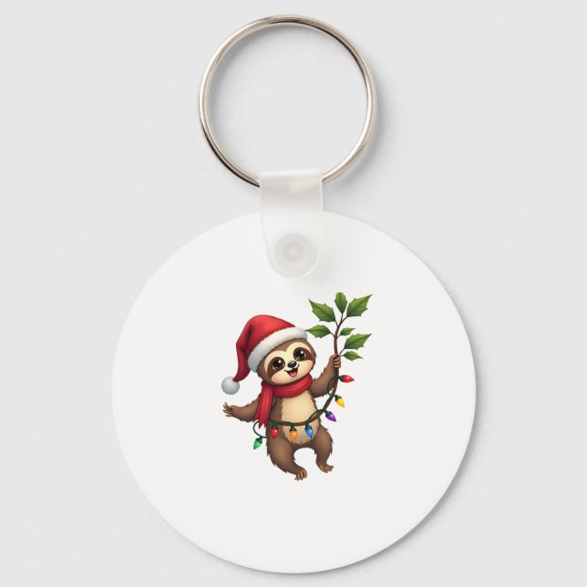 Christmas Lights Sloth Wearing Xmas Hat - Sloth Lo Key Ring (Front)