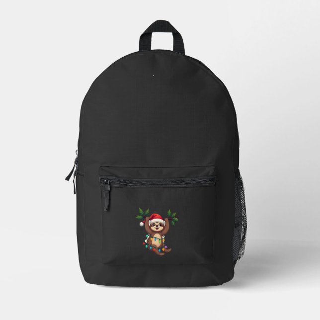 Christmas Lights Sloth Wearing Xmas Hat - Sloth Lo Printed Backpack (Front)