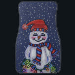 Christmas Lights Smiling Snowman Snowflakes Car Mat<br><div class="desc">Image is from my original colour pencil drawing. This happy, smiling snowman is dressed in a red tassel hat with matching red and blue scarf. He is holding a string of Christmas lights that are glowing. The background is a dark blue sky with falling snowflakes. See my store Art by...</div>