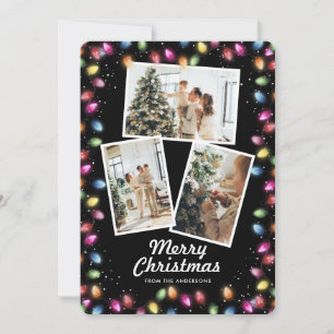Christmas Lights Snow Black Photo Holiday Card