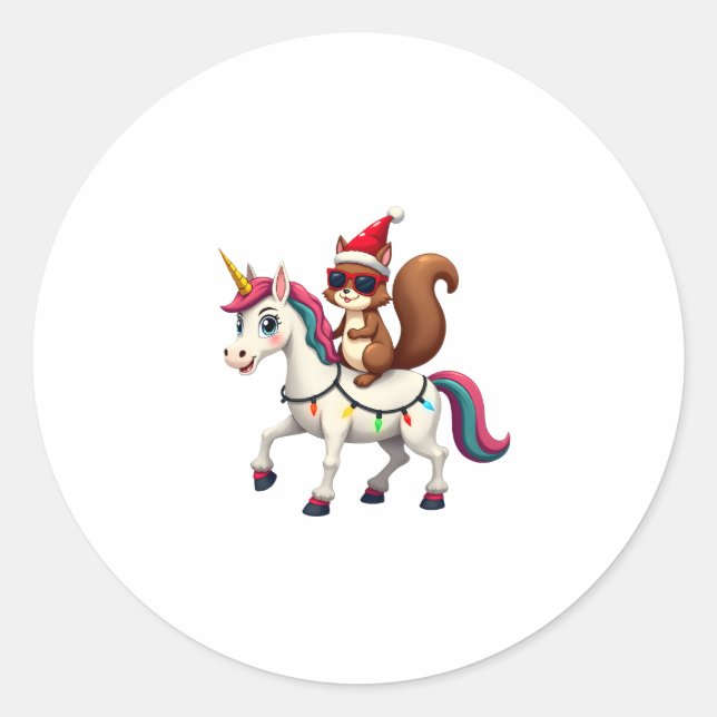 Christmas Lights Squirrel Riding Unicorn T-Shirt ( Classic Round Sticker (Front)