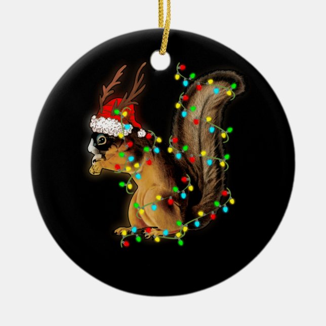 Christmas Lights Squirrel With Santa Hat Ceramic Tree Decoration (Front)