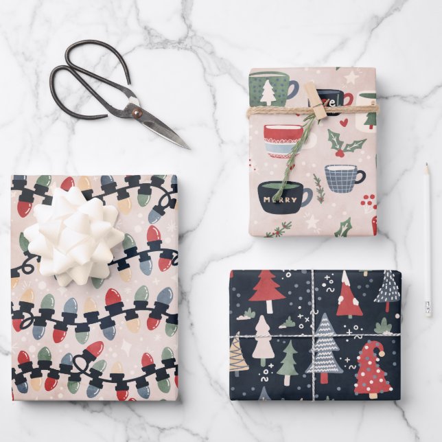 Christmas Lights, Tress & Cocoa Wrapping Paper Sheet (Front)