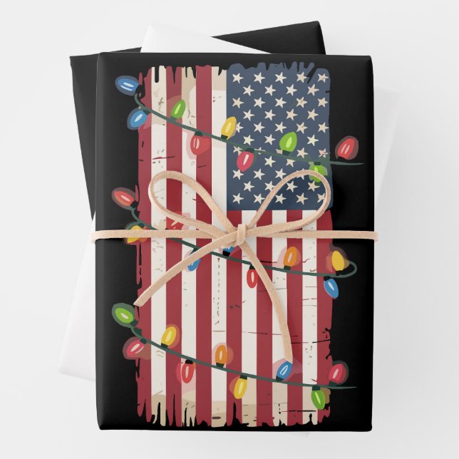 Christmas Lights USA Flag Patriotic Veteran Xmas Wrapping Paper Sheet (In situ)