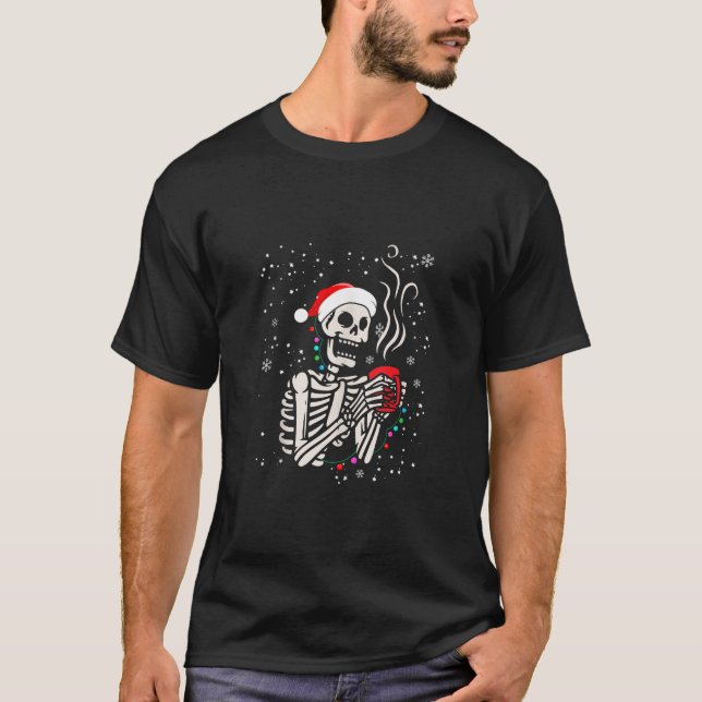 Christmas Lights Xmas Skeleton Drink Coffee Latte  T-Shirt (Front)