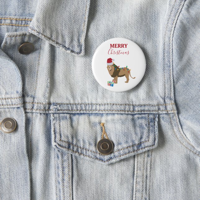 Christmas Lion Funny Animal with Santa Hat  6 Cm Round Badge (In Situ)
