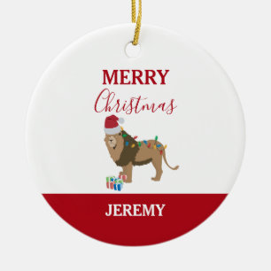 Christmas Lion Funny Animal with Santa Hat  Ceramic Tree Decoration