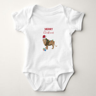 Christmas Lion Funny Animals with Santa Hat Baby Bodysuit