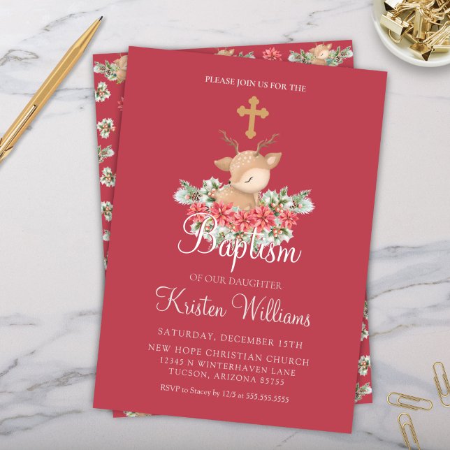 Christmas Little Deer Baptism Christening Cross Invitation (Cute red little deer Christmas baptism invitation or christening invitation with cross and floral)
