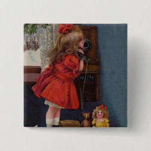 Christmas Little Girl Telephone Antique 15 Cm Square Badge