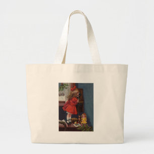 Christmas Little Girl Telephone Antique Large Tote Bag