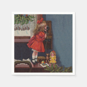 Christmas Little Girl Telephone Antique Napkin