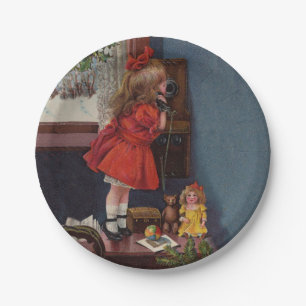 Christmas Little Girl Telephone Antique Paper Plate