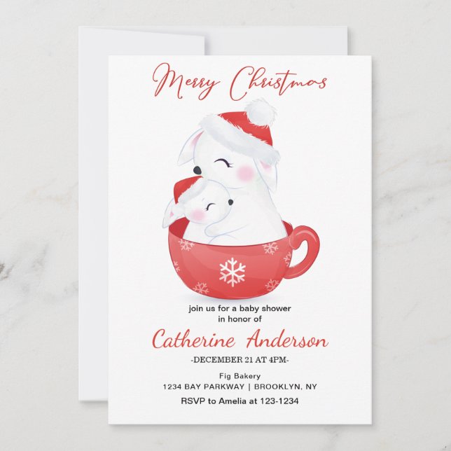 Christmas Little hares in a mug Baby Shower Invitation (Front)