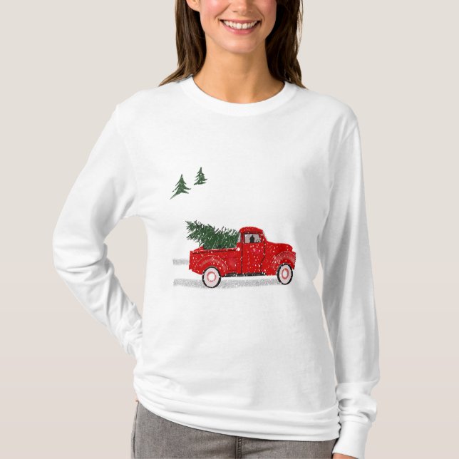 Christmas, Little Red Truck, Long Sleeve Lady's T T-Shirt (Front)