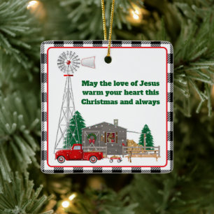 Christmas Little Red Truck with cabin and windmill Ceramic Ornament
