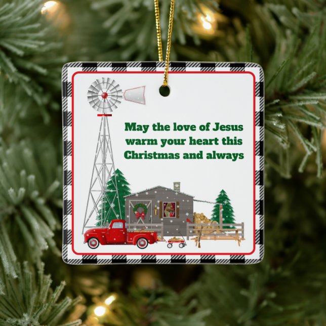 Christmas Little Red Truck with cabin and windmill Ceramic Ornament (Tree)