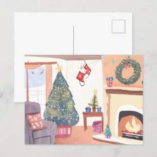 Christmas Living Room   Watercolor Holiday Postcard