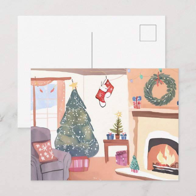 Christmas Living Room | Watercolor Holiday Postcard (Front/Back)