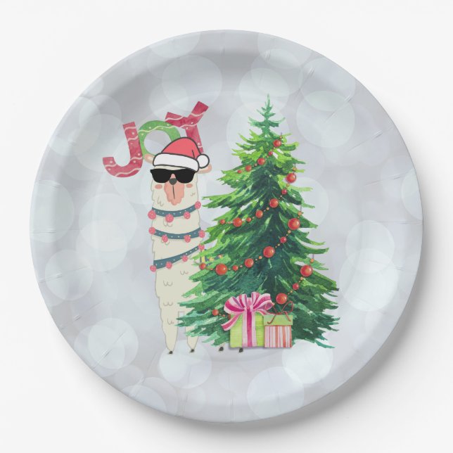 Christmas Llama | Joy Typography | Silver Bokeh Paper Plate (Front)