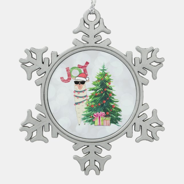 Christmas Llama | Joy Typography | Silver Bokeh Snowflake Pewter Christmas Ornament (Front)