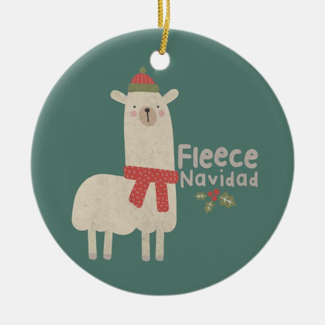 Christmas Llama Pun: Fleece Navidad Ceramic Tree Decoration (Front)