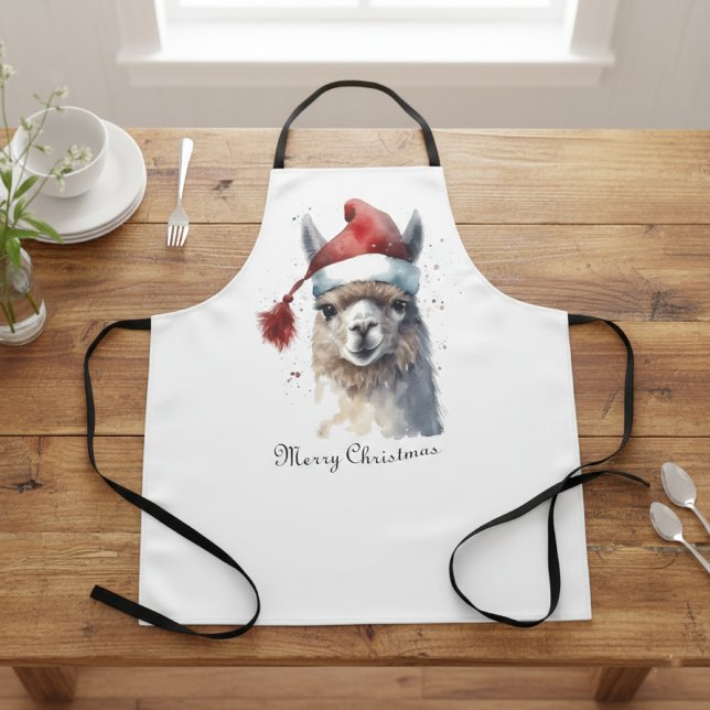 Christmas Llama Watercolor Santa Hat Custom Text Apron (Creator Uploaded)