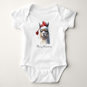 Christmas Llama Watercolor Santa Hat Custom Text Baby Bodysuit