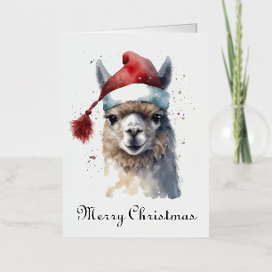 Christmas Llama Watercolor Santa Hat Custom Text Foil Holiday Card