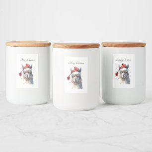 Christmas Llama Watercolor Santa Hat Custom Text Food Label