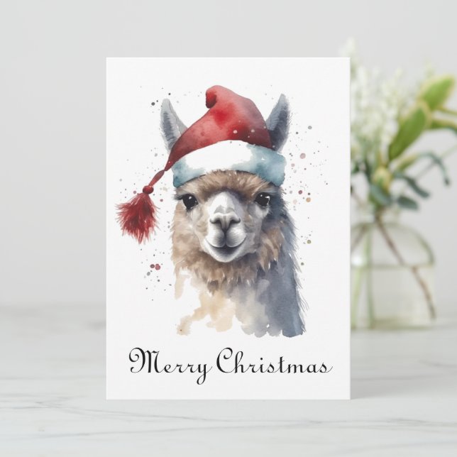 Christmas Llama Watercolor Santa Hat Custom Text Holiday Card (Standing Front)